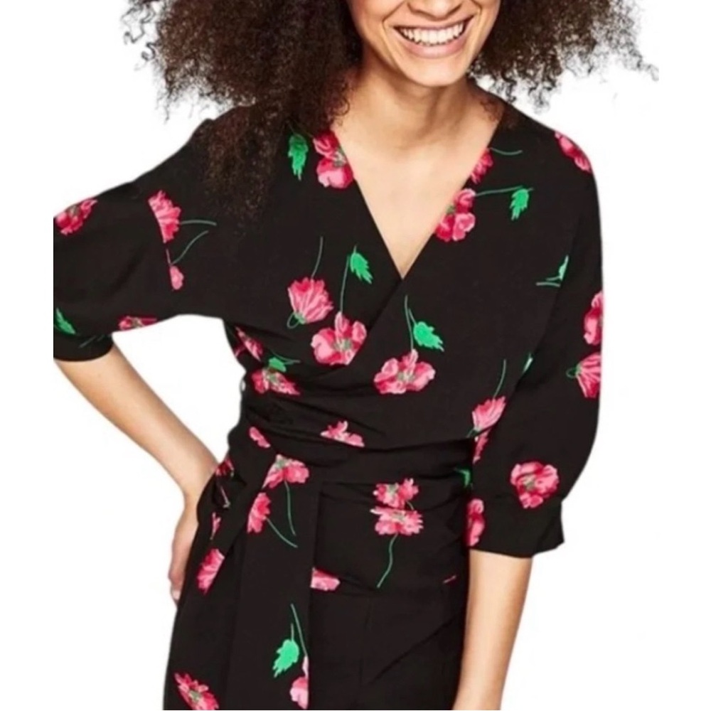 ZARA Floral Wrap Blouse black with floral pattern size small